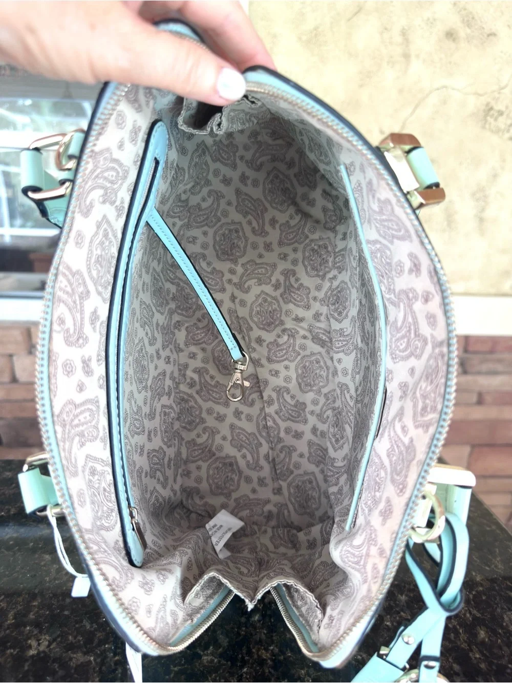 SIMPLY NOELLE ~ Mint Green Patent Sheen Dome Satchel w/Paisley Print Interior